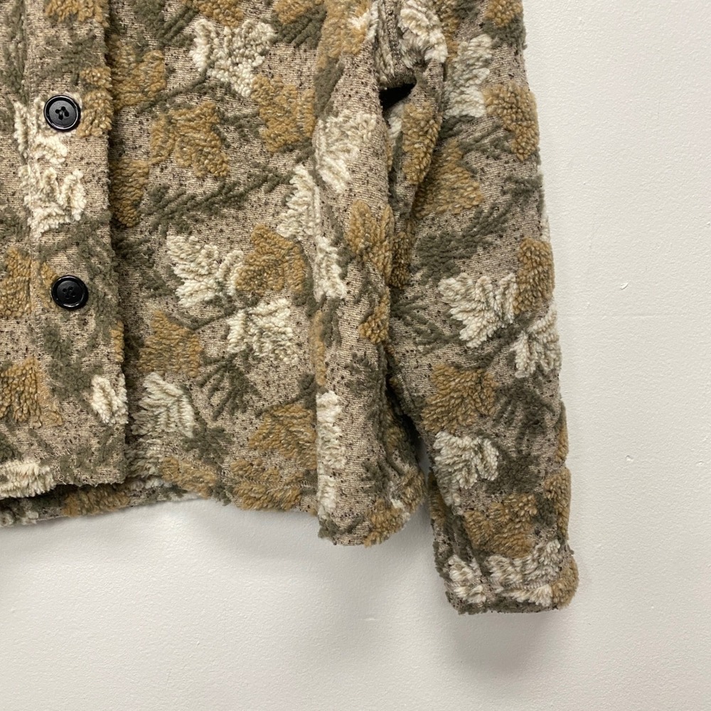 Lonergan Leaves Pattern Teddy Button Up Jacket Brown Beige Women's Medium View 3